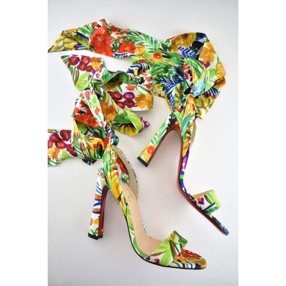 Christian Louboutin Crosse Du Desert 100 Floral Lace Up Tie Sandal Heel Pump 36 - Picture 6 of 12